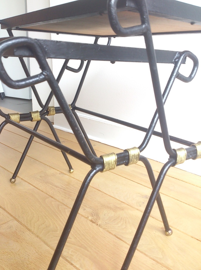 Pair of wrought iron, gilt and leatherette nesting tables - France, 1950's