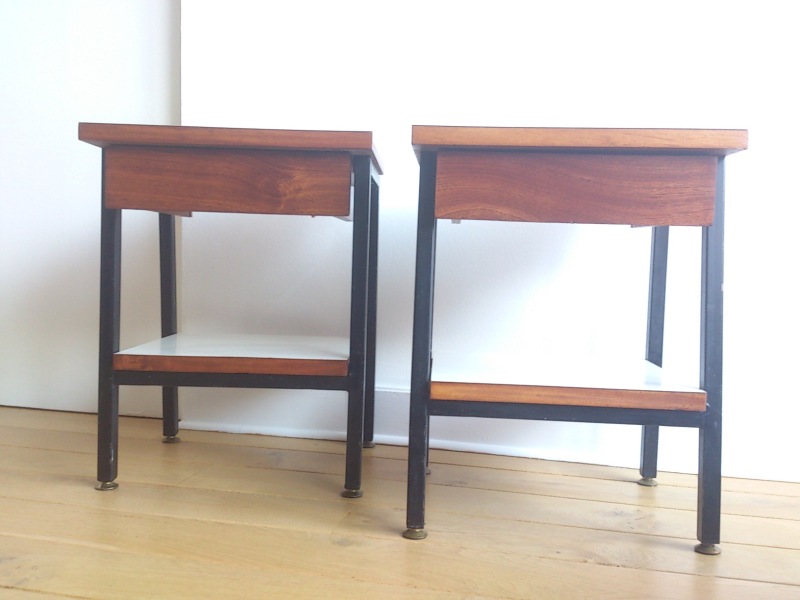 Night stands by Alain Richard - Meurop - France 1960's - blond mahogany and white laminate
